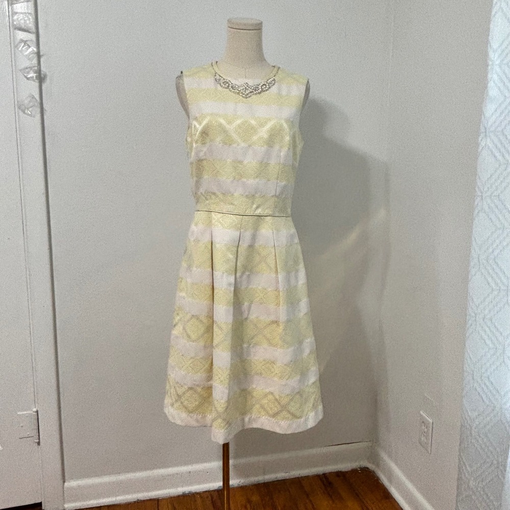 Maggy London Striped Jacquard Dress Pearl Collar Pastel Yellow Preppy Women 8